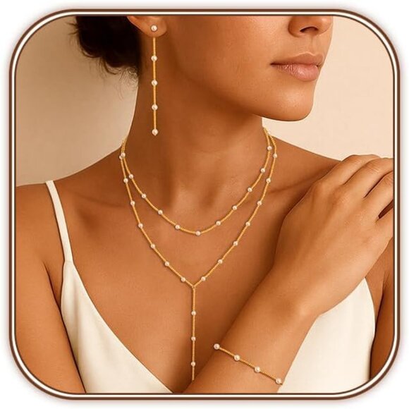 Jewelry - Gold Plated Jewelry Set for Women Pearl Necklace Earrings Bracelet Choker